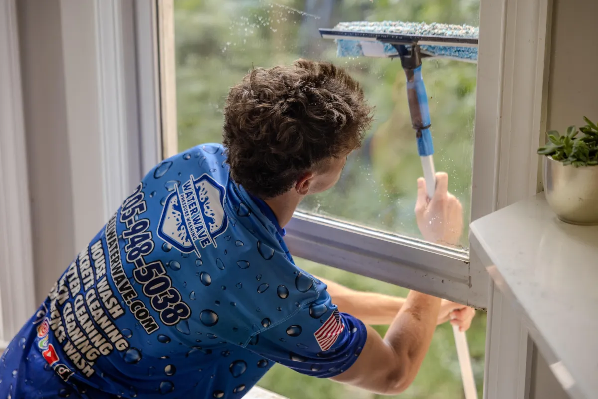 Water Wave technician squeegee-cleaning a window